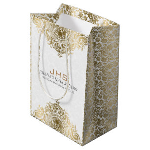 White & Gold Damasks & Vintage Ornament Medium Gift Bag
