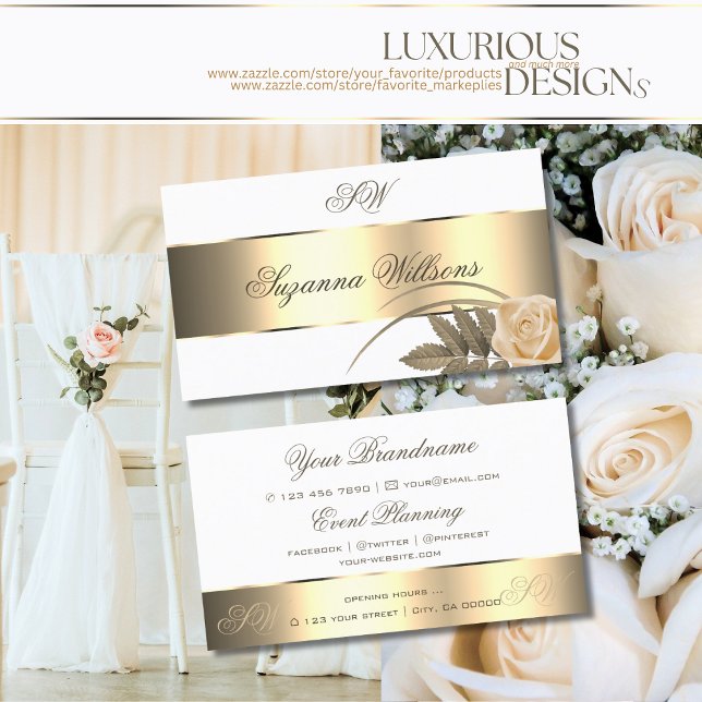 White Gold Decor Cute Rose Flower with Initials Business Card (Creator Uploaded)