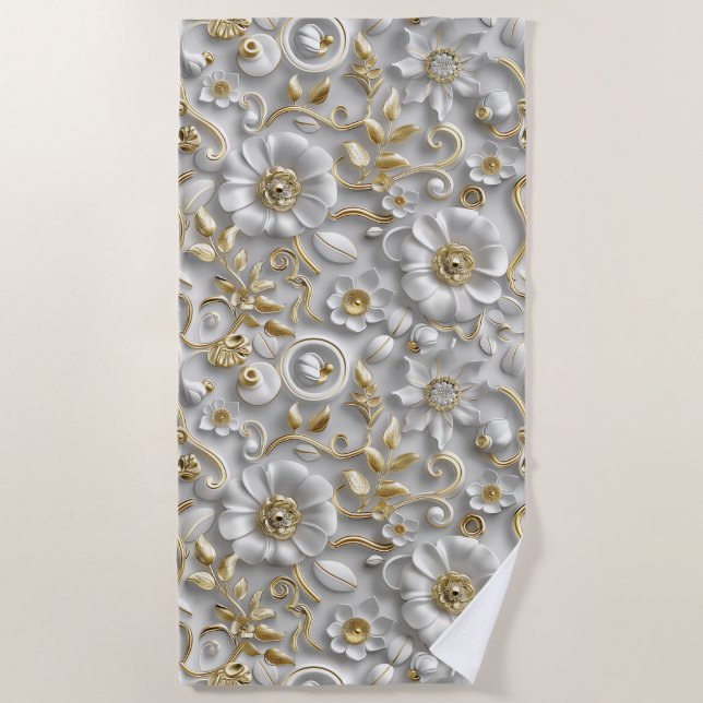 White Gold Decorative 3D Flora Floral  Beach Towel (Front)
