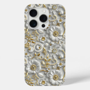 White Gold Decorative 3D Flora Floral iPhone 15 Pro Case
