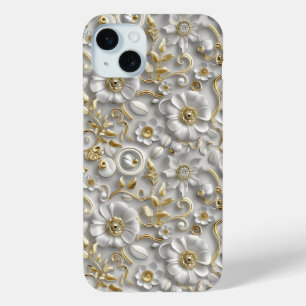 White Gold Decorative 3D Flora Floral  iPhone 15 Mini Case
