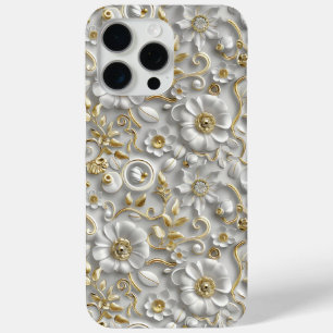 White Gold Decorative 3D Flora Floral iPhone 15 Pro Max Case