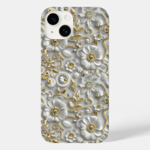 White Gold Decorative 3D Flora Floral Case-Mate iPhone 14 Case