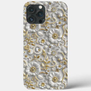 White Gold Decorative 3D Flora Floral  iPhone 13 Pro Max Case