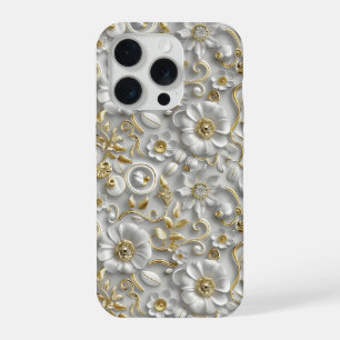 White Gold Decorative 3D Flora Floral iPhone 15 Pro Case
