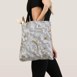 White Gold Decorative 3D Flora Floral Tote Bag