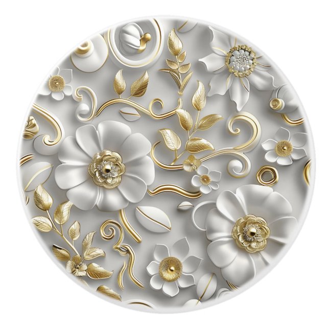 White Gold Decorative 3D Floral Elegant  Ceramic Knob (Front)