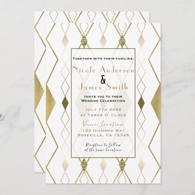 White & Gold Diamond Glamour Modern Classy Wedding Invitation (Front/Back)