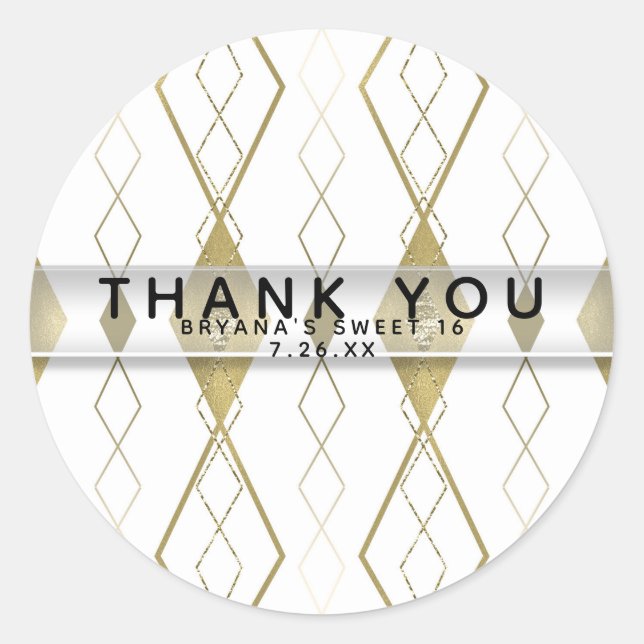 White & Gold Diamond Glamour Modern Party Favour Classic Round Sticker (Front)