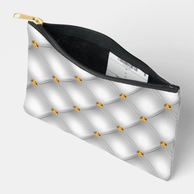 White Gold Diamonds Tufted Accessory Pouch (Open)