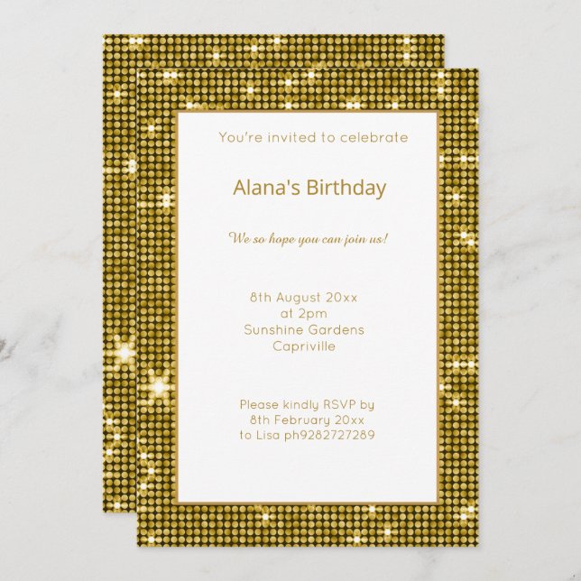 WHITE GOLD DiSCO METALLIC BIRTHDAY INVITATION (Front/Back)