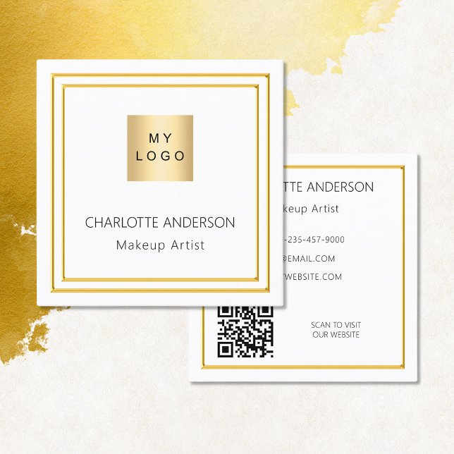 White gold elegant logo QR code Square Business Card (Creator Uploaded)