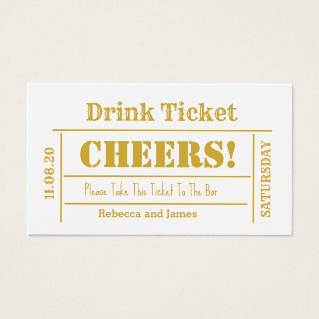 White & Gold Elegant Wedding Free Drink Ticket (Front)
