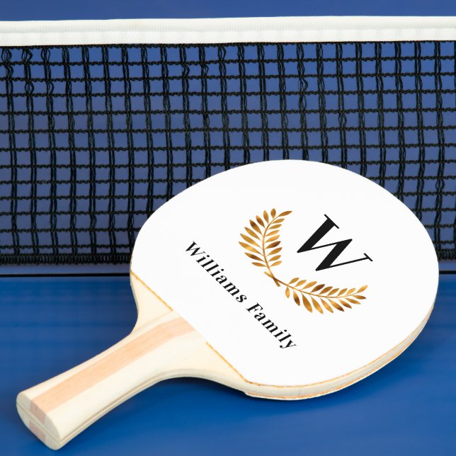White gold family monogram name laurel wreath ping pong paddle (Insitu)