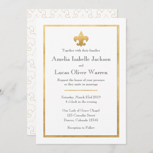 White & Gold Fleur De Lis Wedding Invitation (Front/Back)