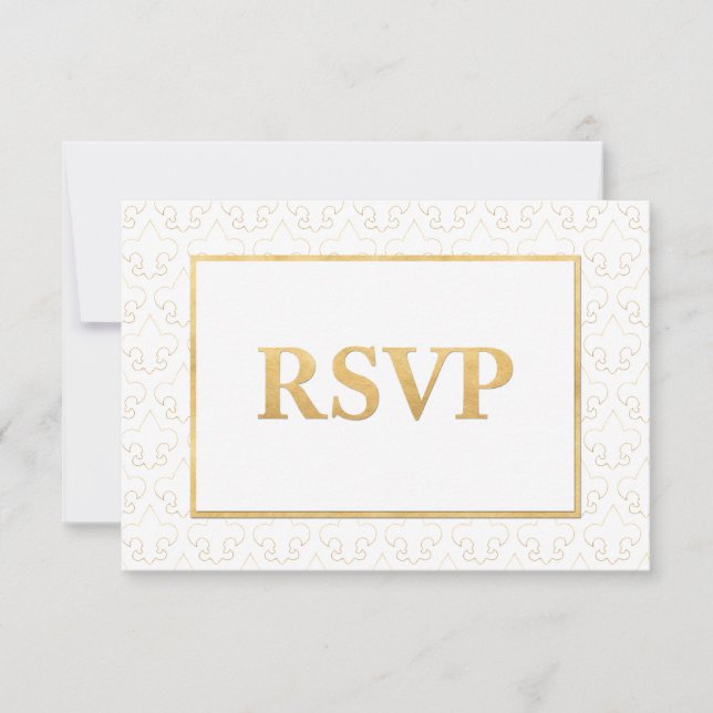 White & Gold Fleur De Lis Wedding RSVP Card (Front)