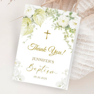 White & Gold Floral Baptism Folded Thank You Cards