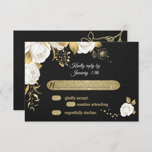 white gold floral black RSVP card