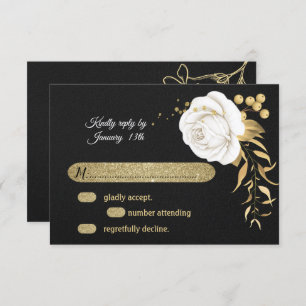white gold floral black RSVP card