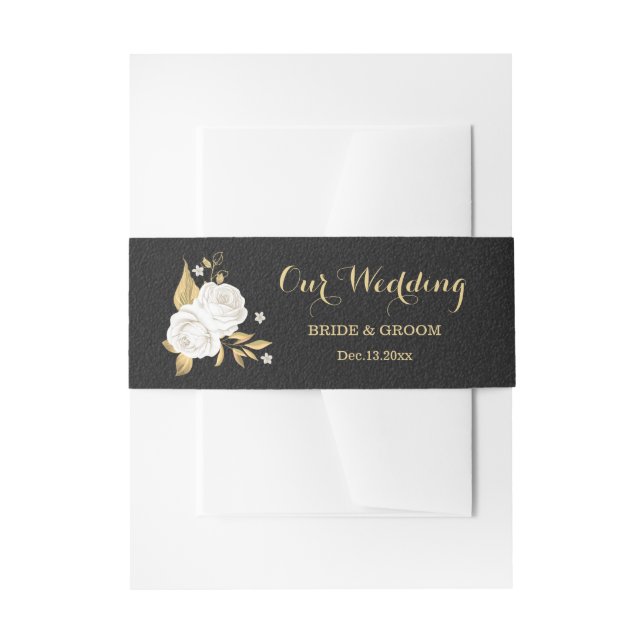 white gold floral black wedding  invitation belly band (Front Example)