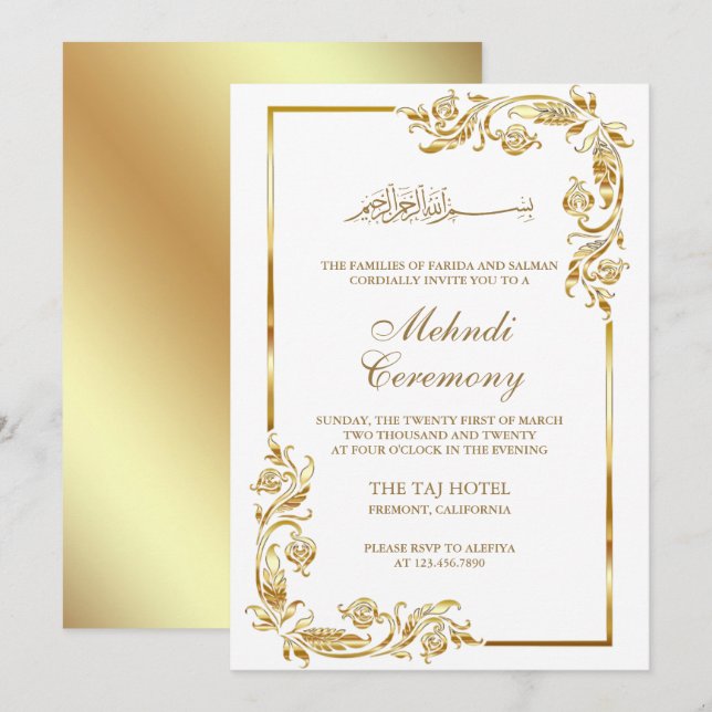 White Gold Floral Border Islamic Mehndi Ceremony Invitation (Front/Back)