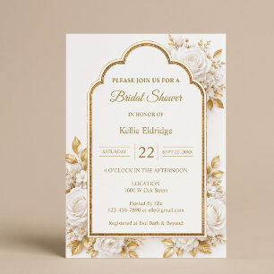White & Gold Floral Bridal Shower Invitation