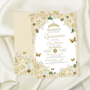 White Gold Floral Butterfly Cream Rose Quinceanera Invitation