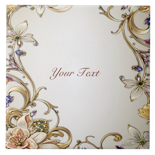 White Gold Floral Ceramic Tile (Front)