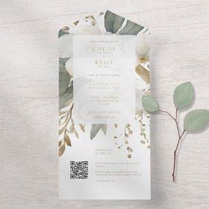 White & Gold Floral Foliage Watercolor Wedding All In One Invitation