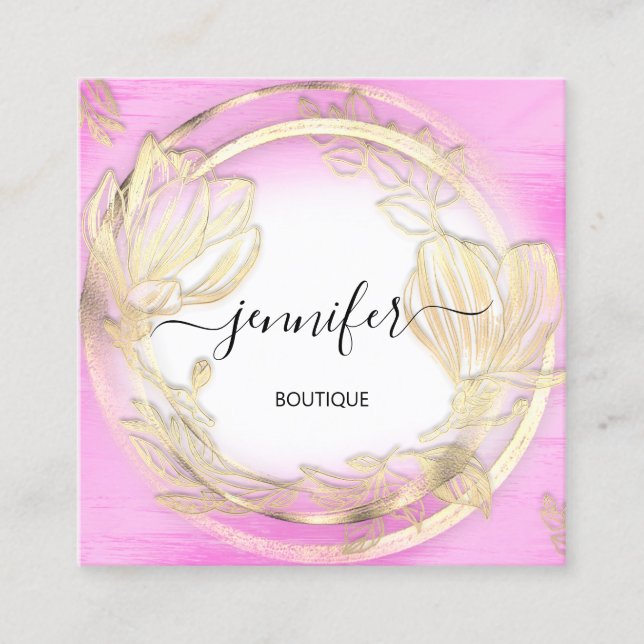  White Gold Floral Frame QRCode Logo Pink  Square Business Card (Front)