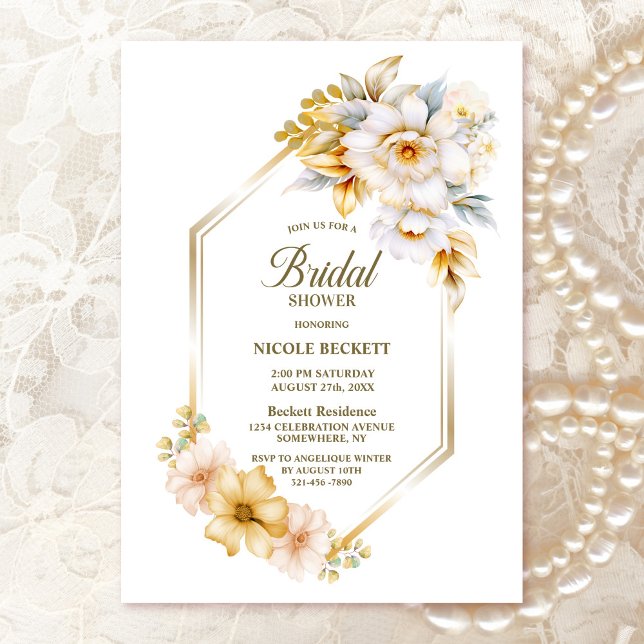 White Gold Floral Geometric Bridal Shower Invitation (Creator Uploaded)
