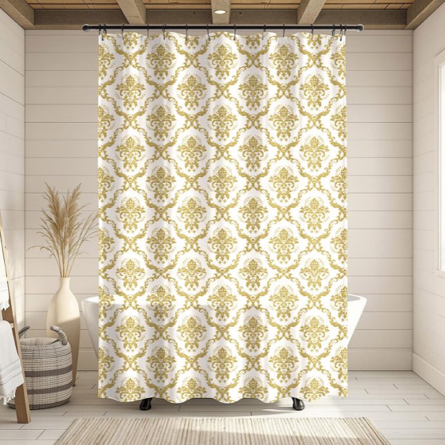 White & Gold Floral Geometric Damasks Shower Curtain (Creator Uploaded)