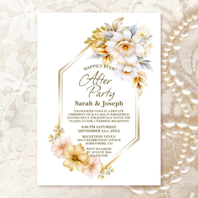 White Gold Floral Geometric Wedding After Party Invitation (Creator Uploaded)