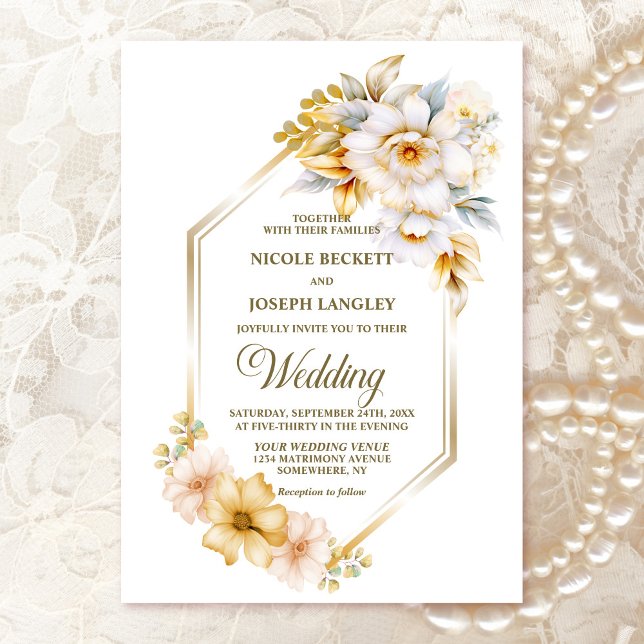 White Gold Floral Geometric Wedding Invitation (Creator Uploaded)