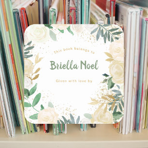 White Gold Floral Girl Baby Shower Bookplate Square Sticker