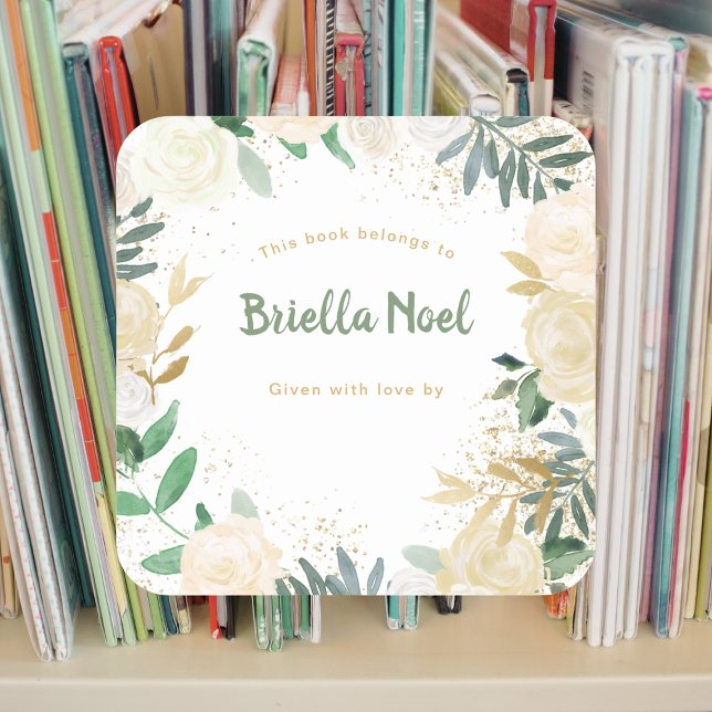 White Gold Floral Girl Baby Shower Bookplate Square Sticker (Creator Uploaded)