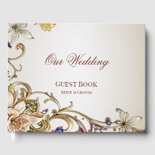White Gold Floral Guest Book