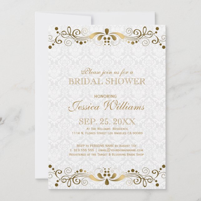 White & Gold Floral Lace Bridal Shower Invite (Front)