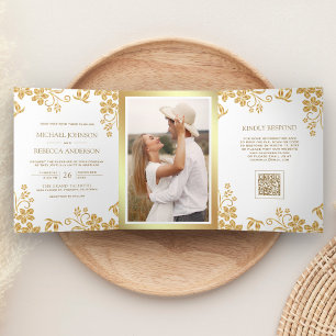 White Gold Floral Leaves QR Code Wedding Tri-Fold Invitation