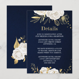 white gold floral navy blue details  enclosure card
