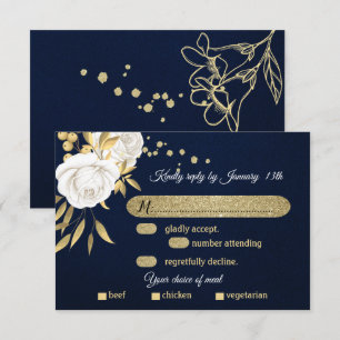 white gold floral navy blue meal choice RSVP card