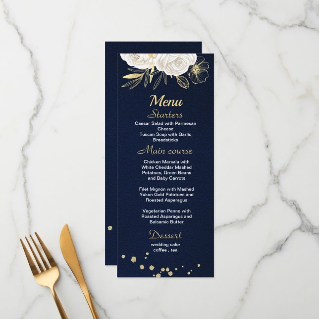 white gold floral navy blue menu (Front/Back In Situ)