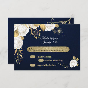 white gold floral navy blue RSVP card