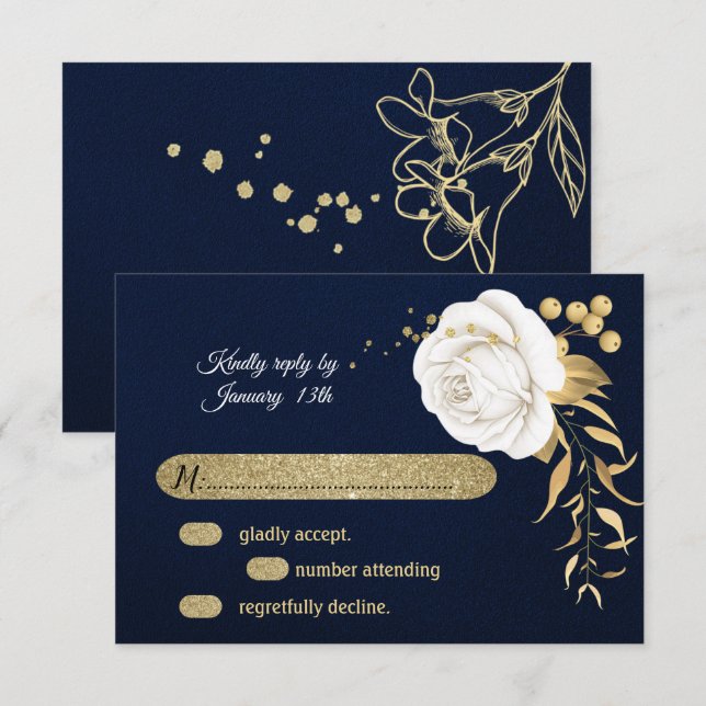 white gold floral navy blue RSVP card (Front/Back)