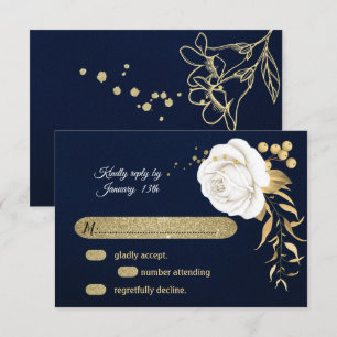 white gold floral navy blue RSVP card