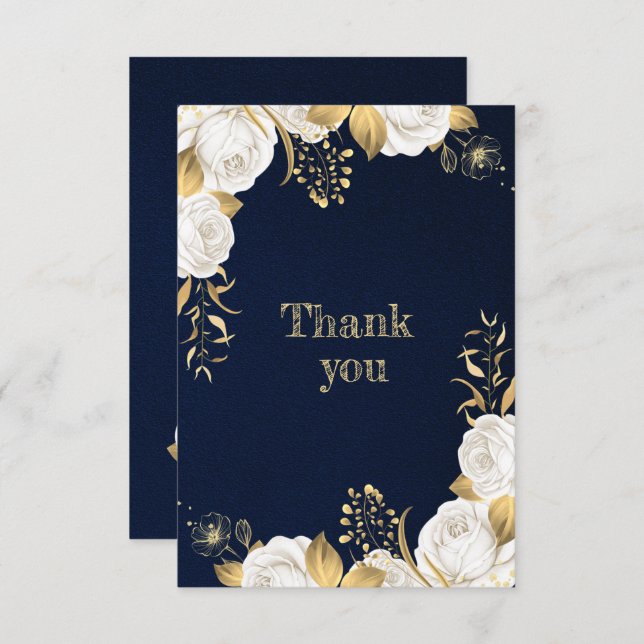 white gold floral navy blue thank you card (Front/Back)