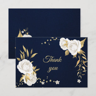 white gold floral navy blue thank you card