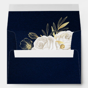 white gold floral navy blue wedding envelope