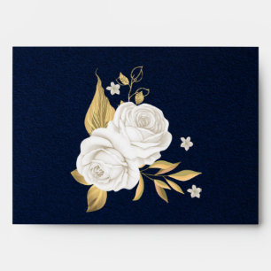 white gold floral navy blue wedding envelope