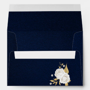 white gold floral navy blue wedding envelope